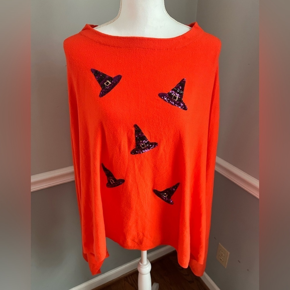 Victoria Harbour Orange Poncho Shrug with Sequined Witch Hats
